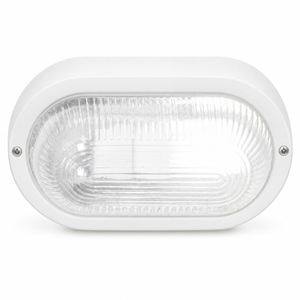 Oval outdoor wall light in white PVC with clear glass cover, showcasing a simple design.