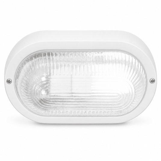 Oval outdoor wall light in white PVC with clear glass cover, showcasing a simple design.