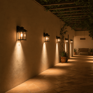 Outdoor wall lights illuminating a pathway along a textured wall, with potted plants and a bench in the background.