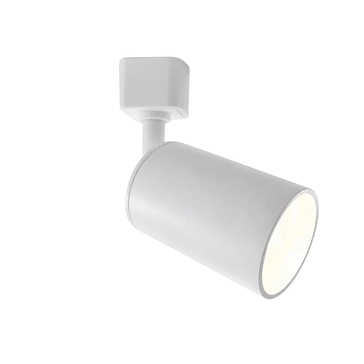 White track spot light with a cylindrical body and a round front, mounted on a square base.
