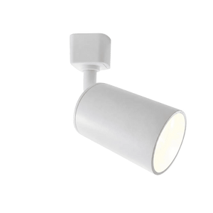 White track spot light with a cylindrical body and a round front, mounted on a square base.