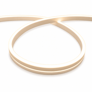 Neonflex Side Bending LED Strip Light in a loop, showcasing its smooth silicone finish and warm 3000K glow.