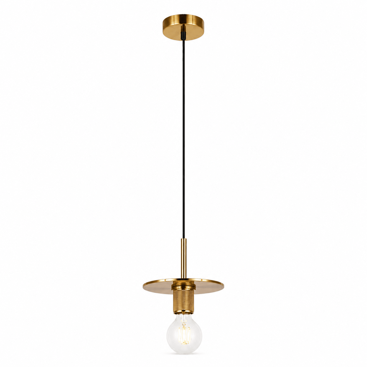Gold Plate Pendant Light with a sleek design, featuring a glass bulb holder and a round metal shade.
