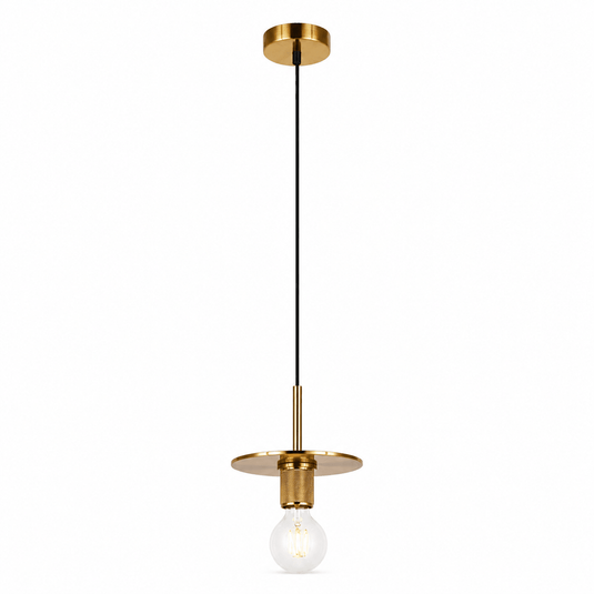 Gold Plate Pendant Light with a sleek design, featuring a glass bulb holder and a round metal shade.