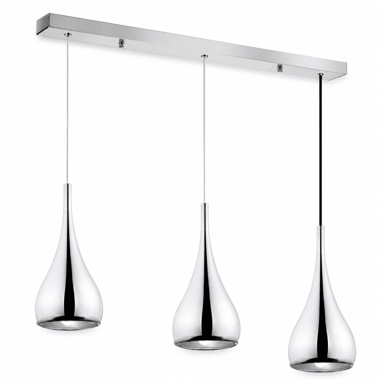Three-light pendant light with polished chrome finish and adjustable heads, mounted on a sleek ceiling bar.