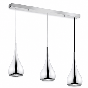 Three-light pendant light with polished chrome finish and adjustable heads, mounted on a sleek ceiling bar.