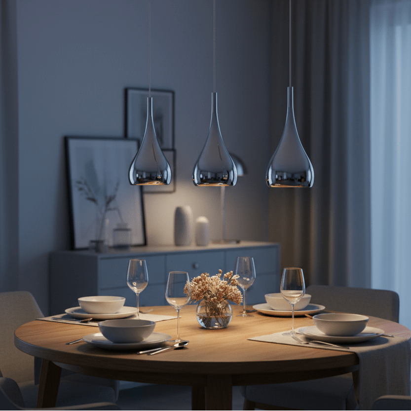 Three polished chrome pendant lights hang above a wooden dining table set with dishes and a floral centerpiece.