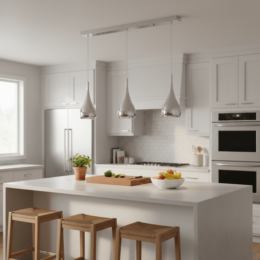 Three polished chrome pendant lights hang above a kitchen island with a cutting board and fruit bowl.