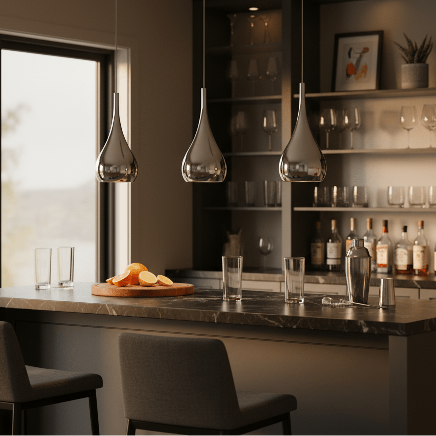 Three polished chrome pendant lights hang above a kitchen island with a marble countertop, featuring glasses and oranges.