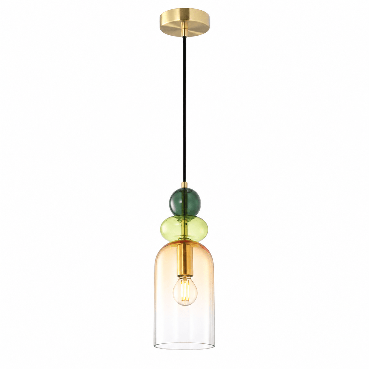 Rainbow Orange Shadow Glass Pendant Light with brass accents and colorful glass orbs.