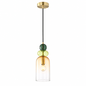 Rainbow Orange Shadow Glass Pendant Light with brass accents and colorful glass orbs.
