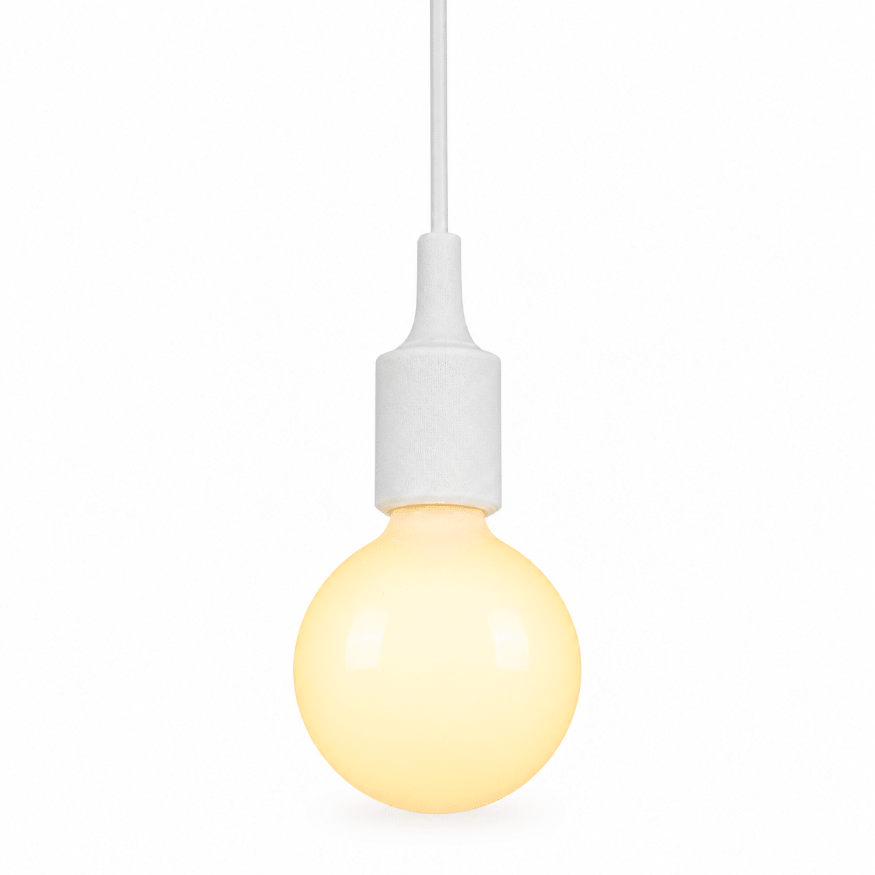 Minimalist white silicone pendant light with a round bulb, showcasing a clean design.