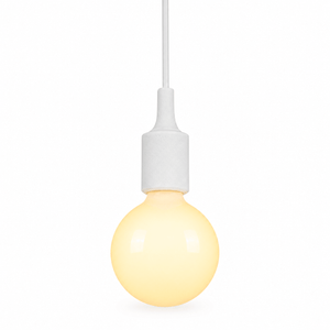 Minimalist white silicone pendant light with a round bulb, showcasing a clean design.
