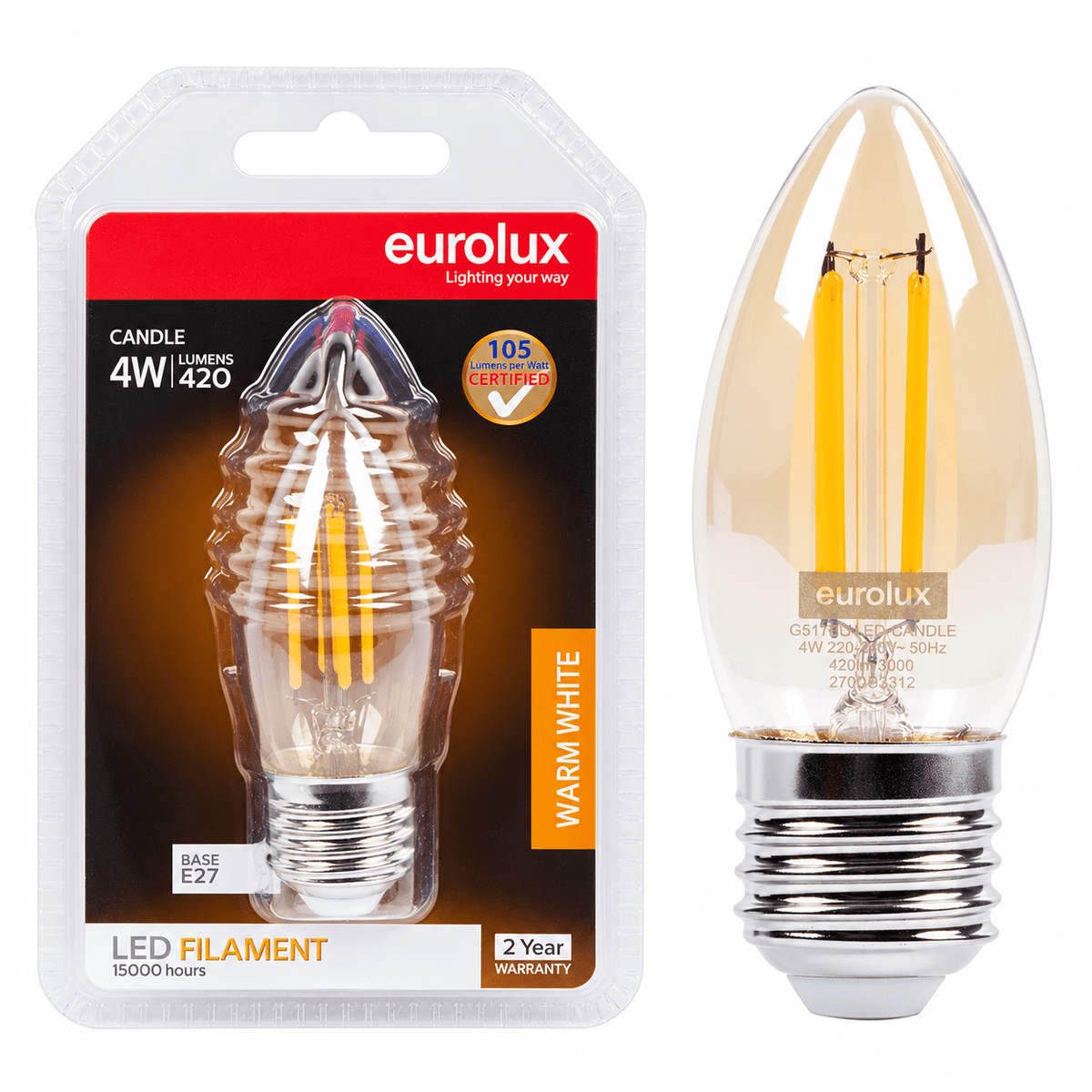 4W Candle Filament LED Bulb – E27, 2700K Warm White