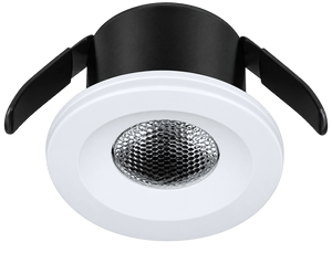 Round 3W LED cabinet downlight with a white outer ring, black housing, and a silver honeycomb reflector.