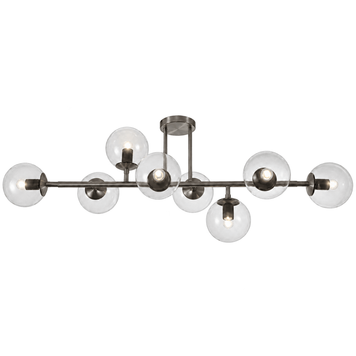 8-light flush mount ceiling fixture with clear glass globes and satin chrome arms