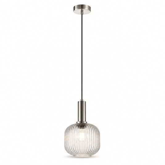 40W Jackie Cut Glass Pendant light with textured glass and satin nickel detail, suspended from a ceiling.
