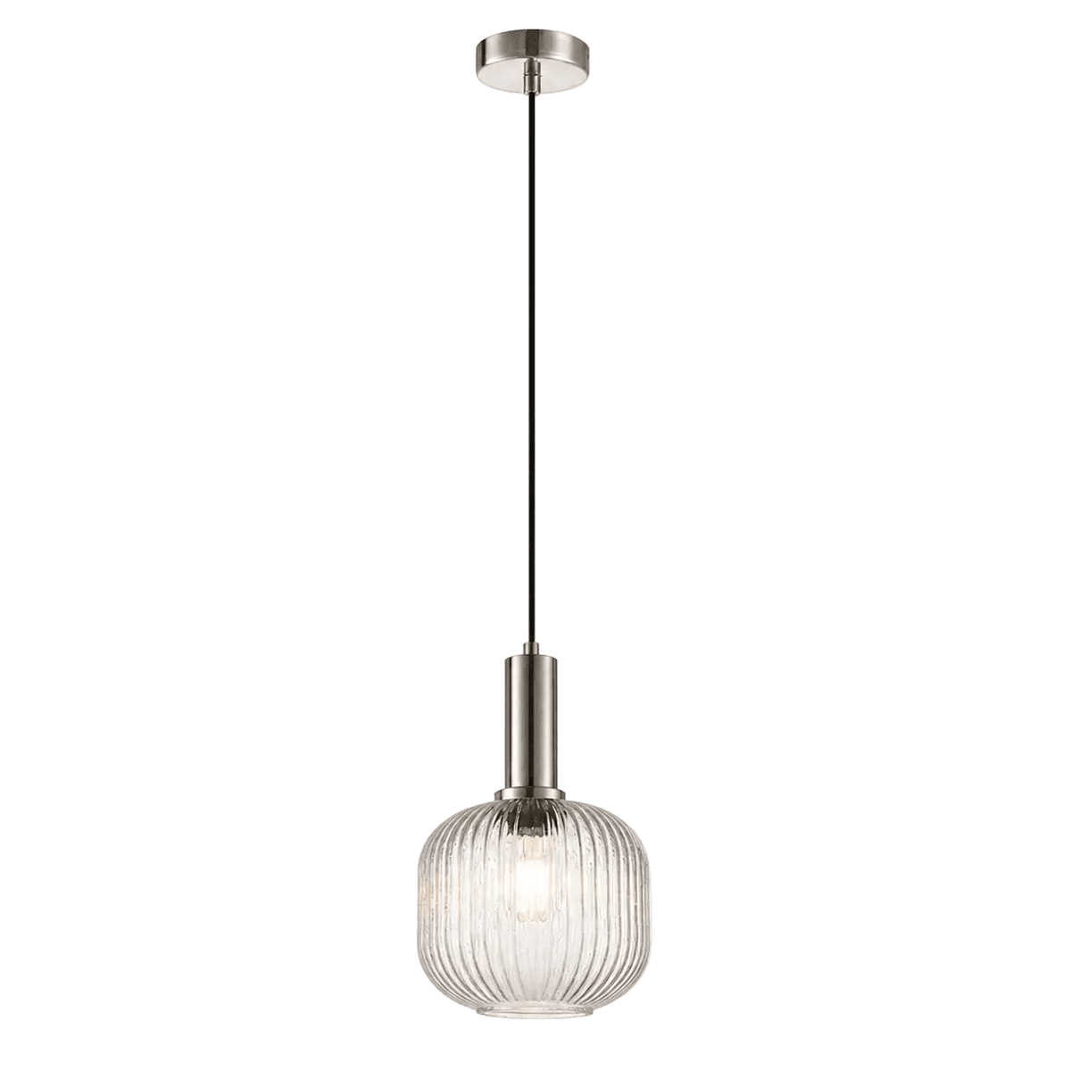 A 40W pendant light with a ribbed clear glass shade and a brushed nickel finish, suspended from a black cord.