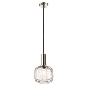 A 40W pendant light with a ribbed clear glass shade and a brushed nickel finish, suspended from a black cord.