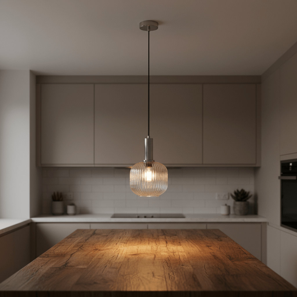Close-up of the 40W Jackie Cut Glass Pendant light hanging over a wooden kitchen island, showcasing its textured glass