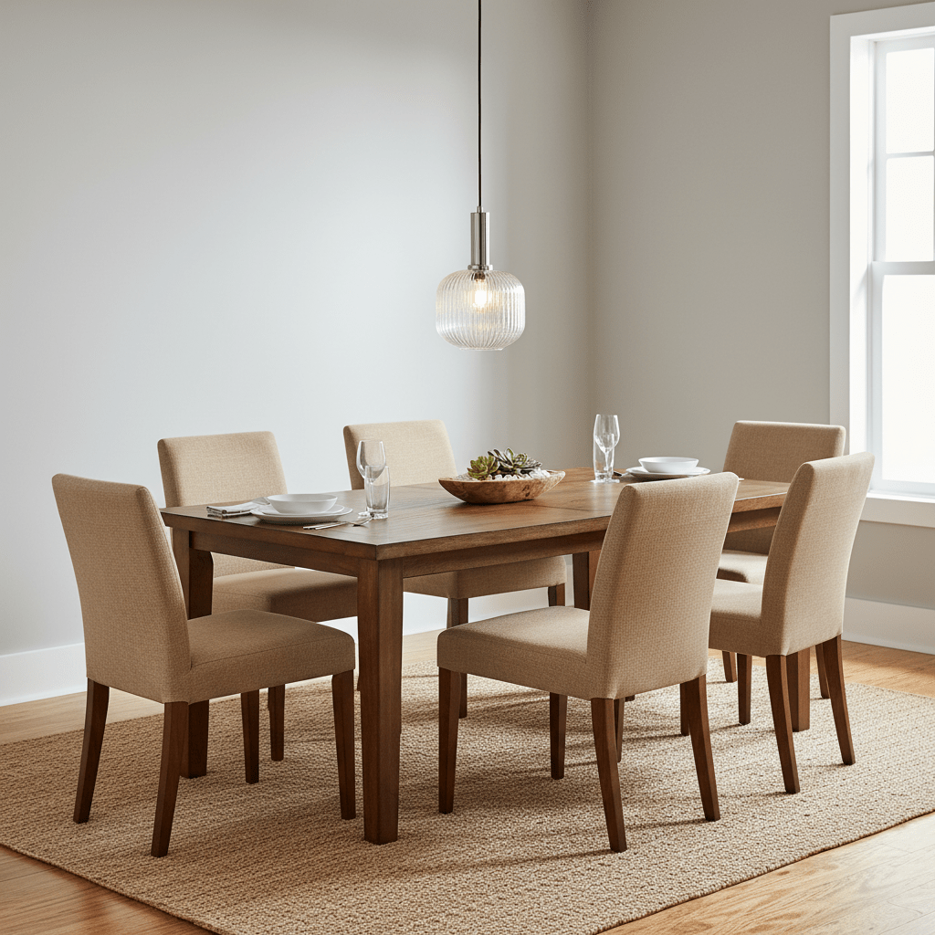 A stylish dining area featuring a wooden table with beige chairs, illuminated by a clear glass pendant light.