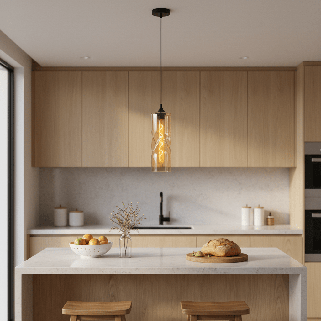 Amber twisted glass pendant light hanging above a kitchen island in a modern kitchen