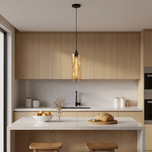 Amber twisted glass pendant light hanging above a kitchen island in a modern kitchen
