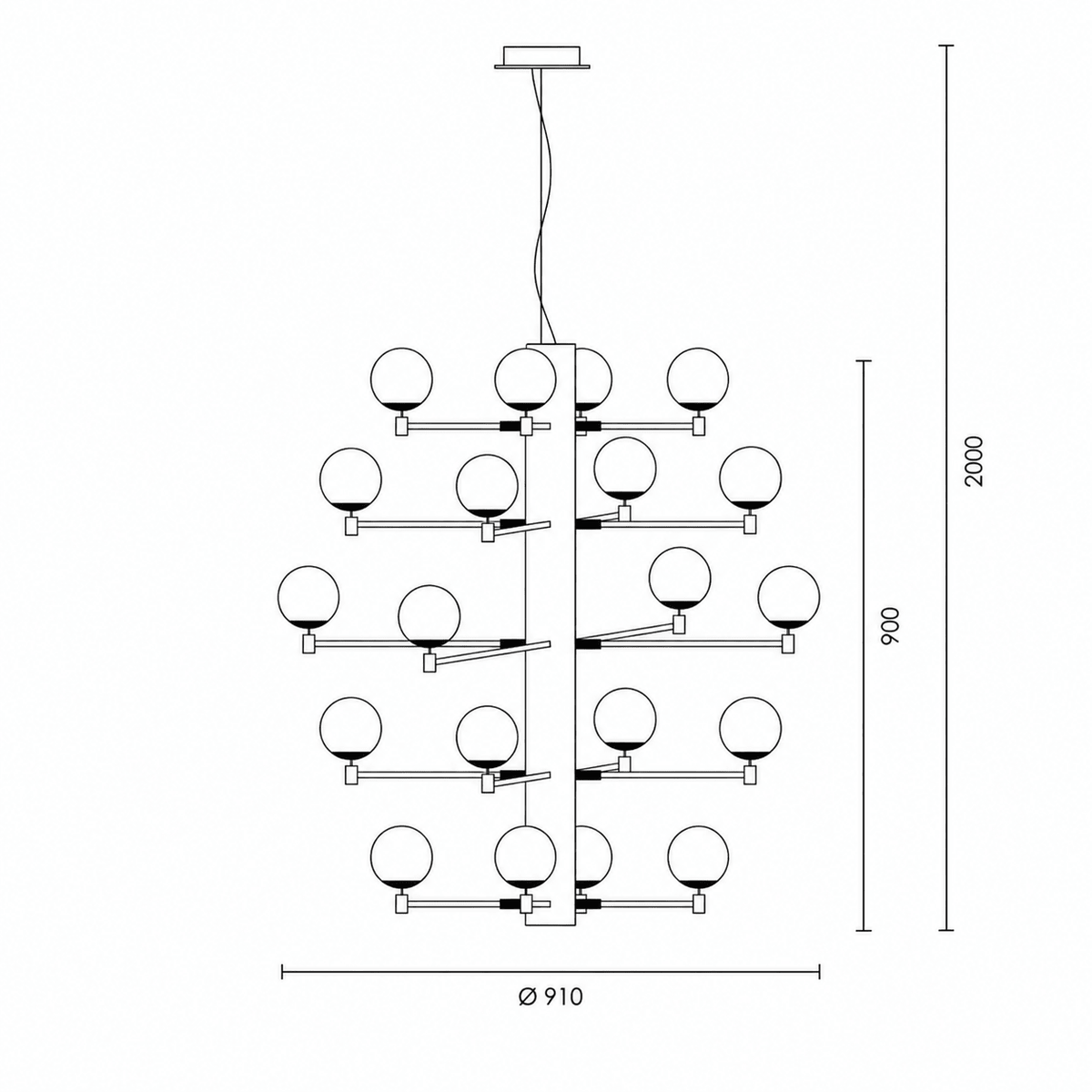 Detailed technical drawing of the TwentyOrb Black Pendant Light, showcasing its dimensions and design layout.