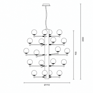 Detailed technical drawing of the TwentyOrb Black Pendant Light, showcasing its dimensions and design layout.