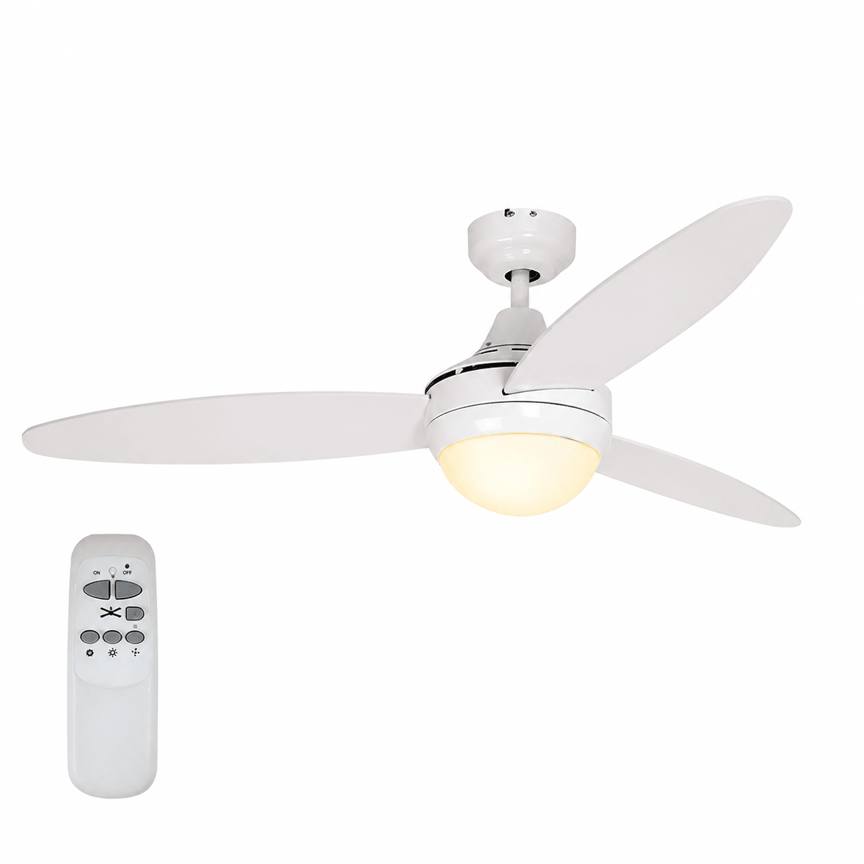 White ceiling fan with three blades and remote control, featuring a round light fixture.