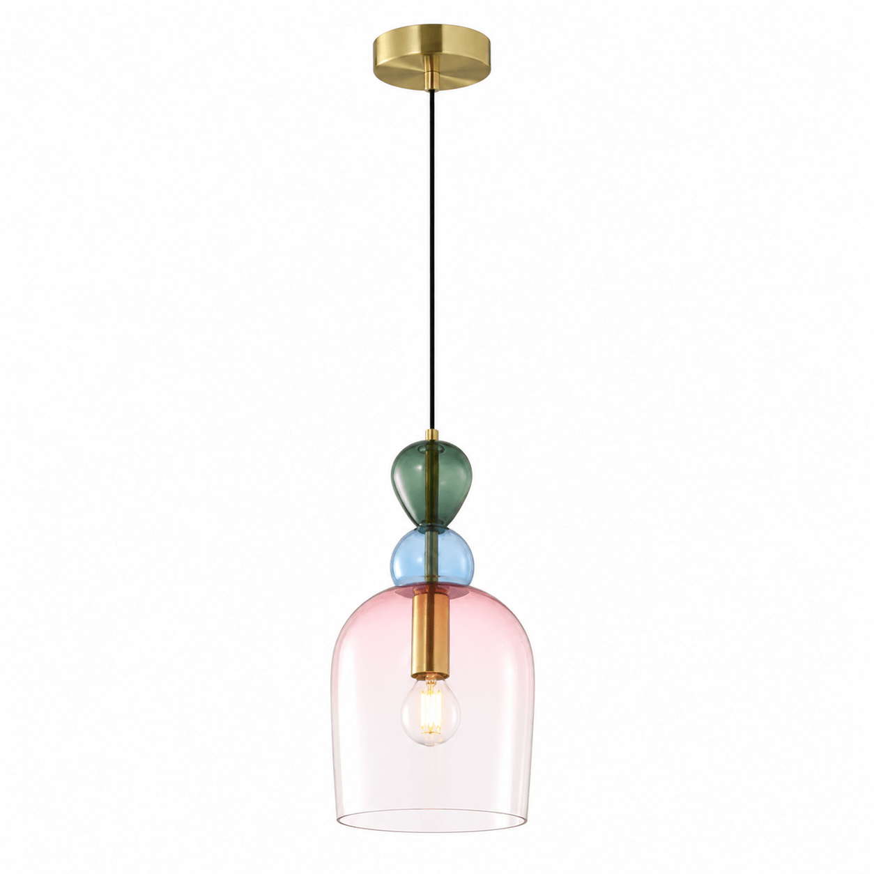 Rainbow Pink Shadow Glass Pendant Light featuring layered pink, green, and blue glass with brass detailing.