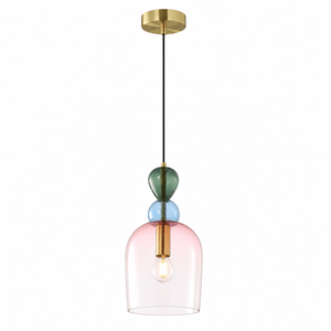 Rainbow Pink Shadow Glass Pendant Light featuring layered pink, green, and blue glass with brass detailing.