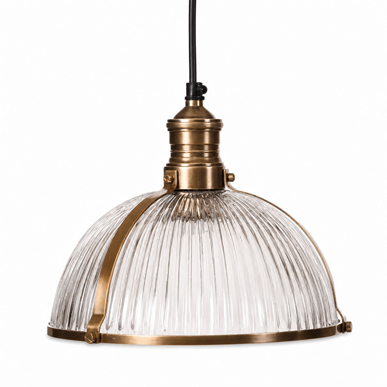 Salina Hanging Lamp in antique brass with ribbed glass shade, showcasing elegant design and adjustable cord.