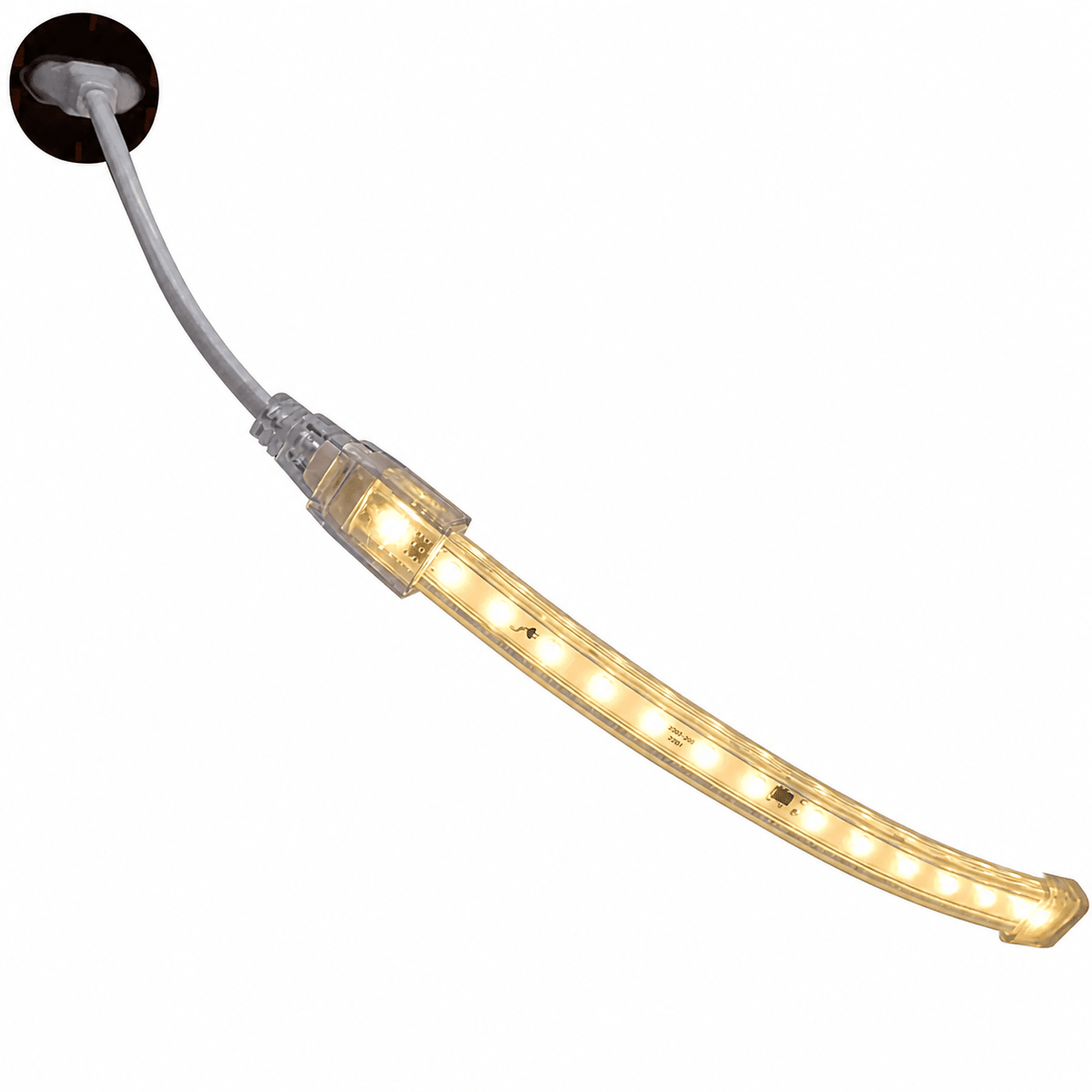 230V LED strip light power cord connected to a short LED strip, showcasing bright illumination.