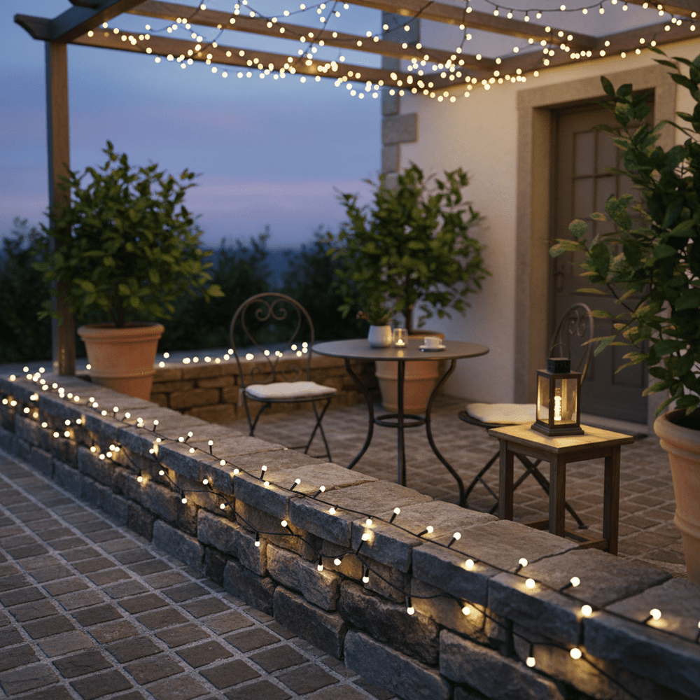 LED fairy lights draped along a stone wall and pergola, illuminating a cozy outdoor seating area.
