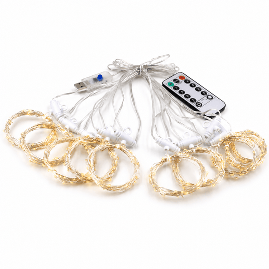 RGB 3x2m copper wire fairy curtain light with remote control and USB power connection.