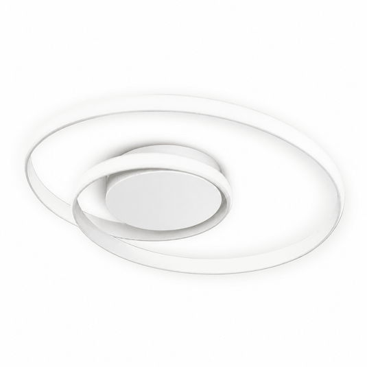 White round LED ceiling light with a sleek design, featuring a circular metal and PVC construction.
