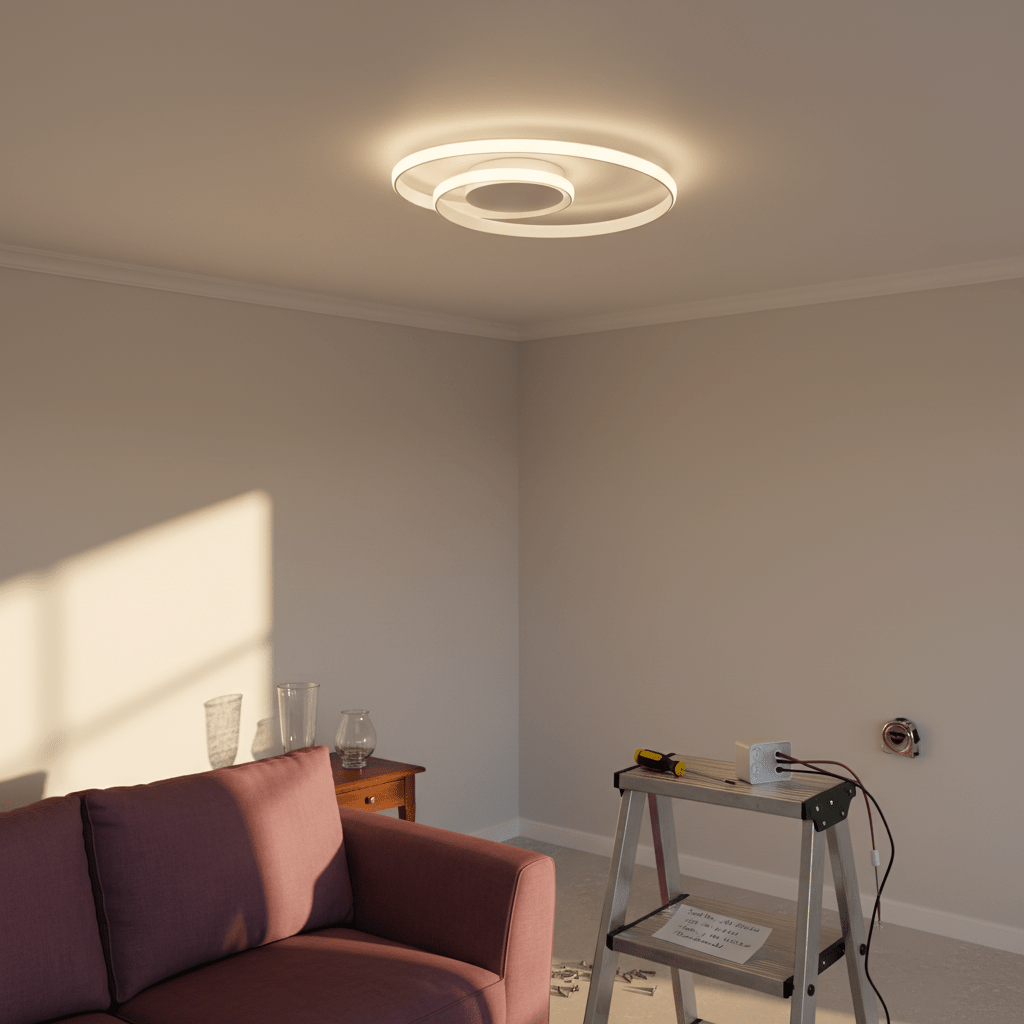 White round LED ceiling light installed in a modern living room with a pink couch and a ladder nearby.