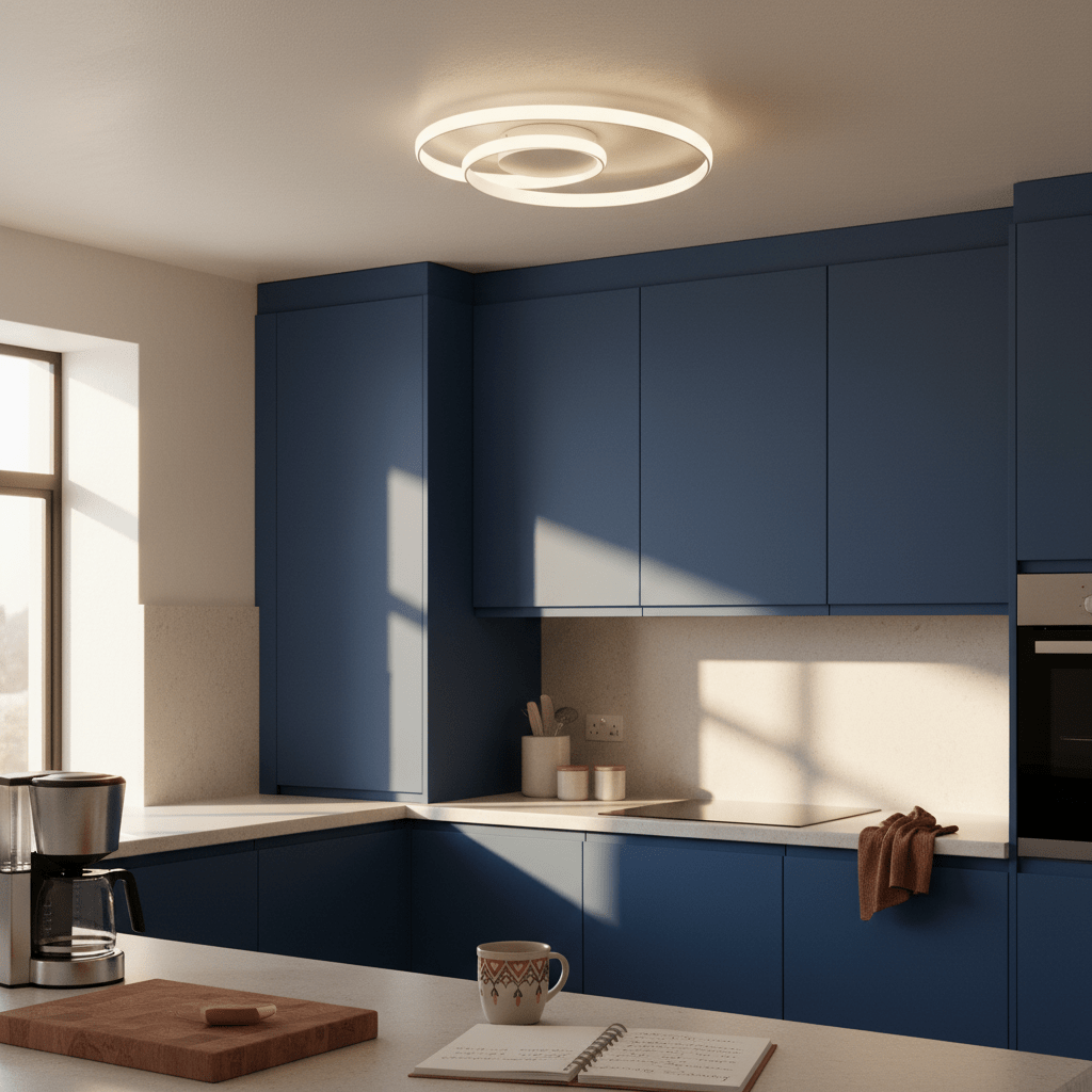 White round LED ceiling light installed in a modern kitchen with blue cabinetry.