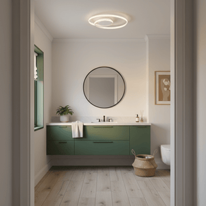 Stylish bathroom featuring a white round ceiling light above a green vanity with a mirror.