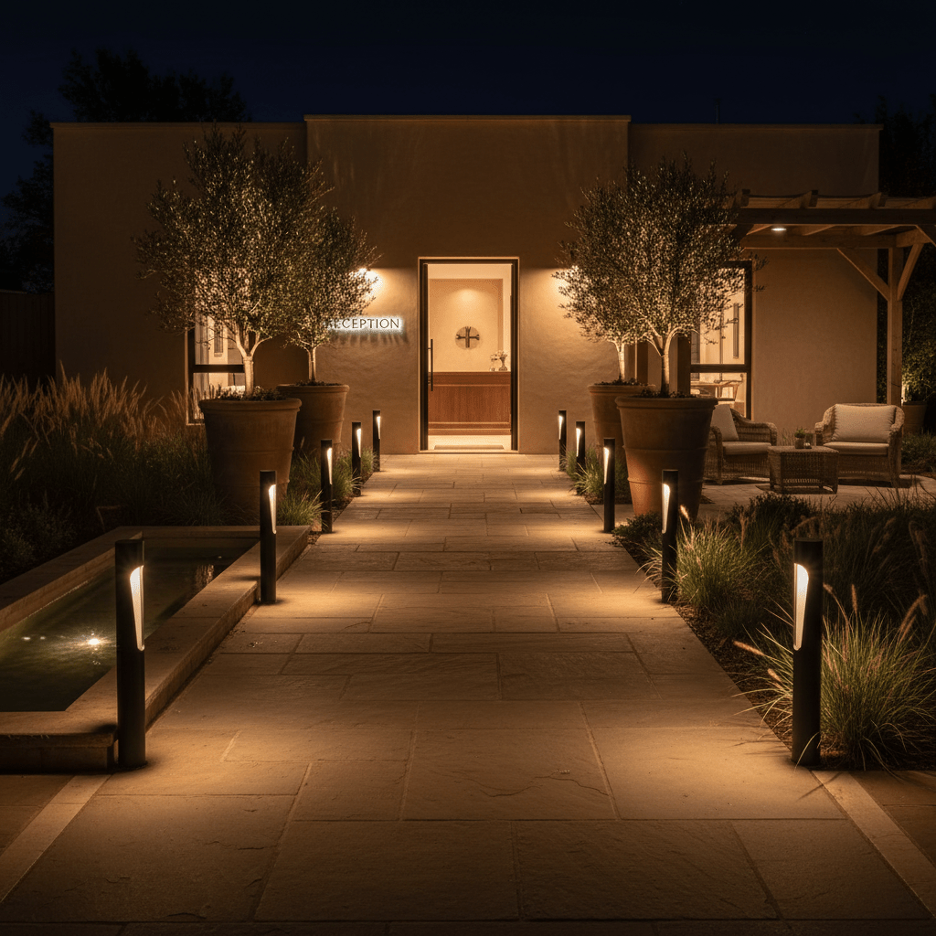 Cato LED bollard lights illuminating a stone pathway leading to a modern entrance at night.