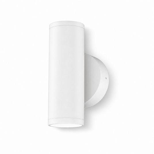 Trama White LED Outdoor Wall Light with a sleek cylindrical design, mounted on a wall.