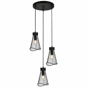 Sensu Cluster Black Pendant Light featuring three conical shades with exposed bulbs, suspended from a round ceiling plate.