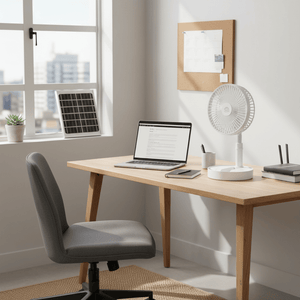 A stylish home office setup featuring a rechargeable portable folding fan on a desk next to a laptop and solar panel.