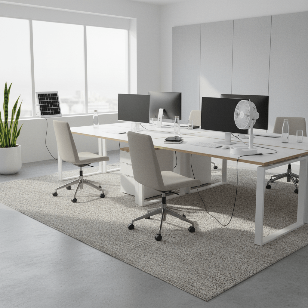 A modern office setup featuring a rechargeable portable folding fan on a desk, with solar panel nearby.