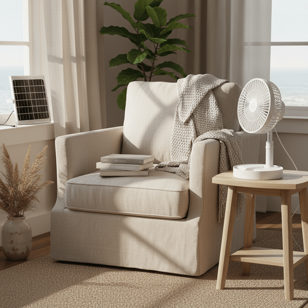 A portable folding fan on a side table next to a cozy armchair, with a solar panel nearby.