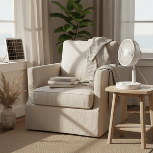 A portable folding fan on a side table next to a cozy armchair, with a solar panel nearby.