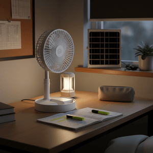 A rechargeable portable folding fan on a desk, with a solar panel and a lantern, surrounded by books and stationery.