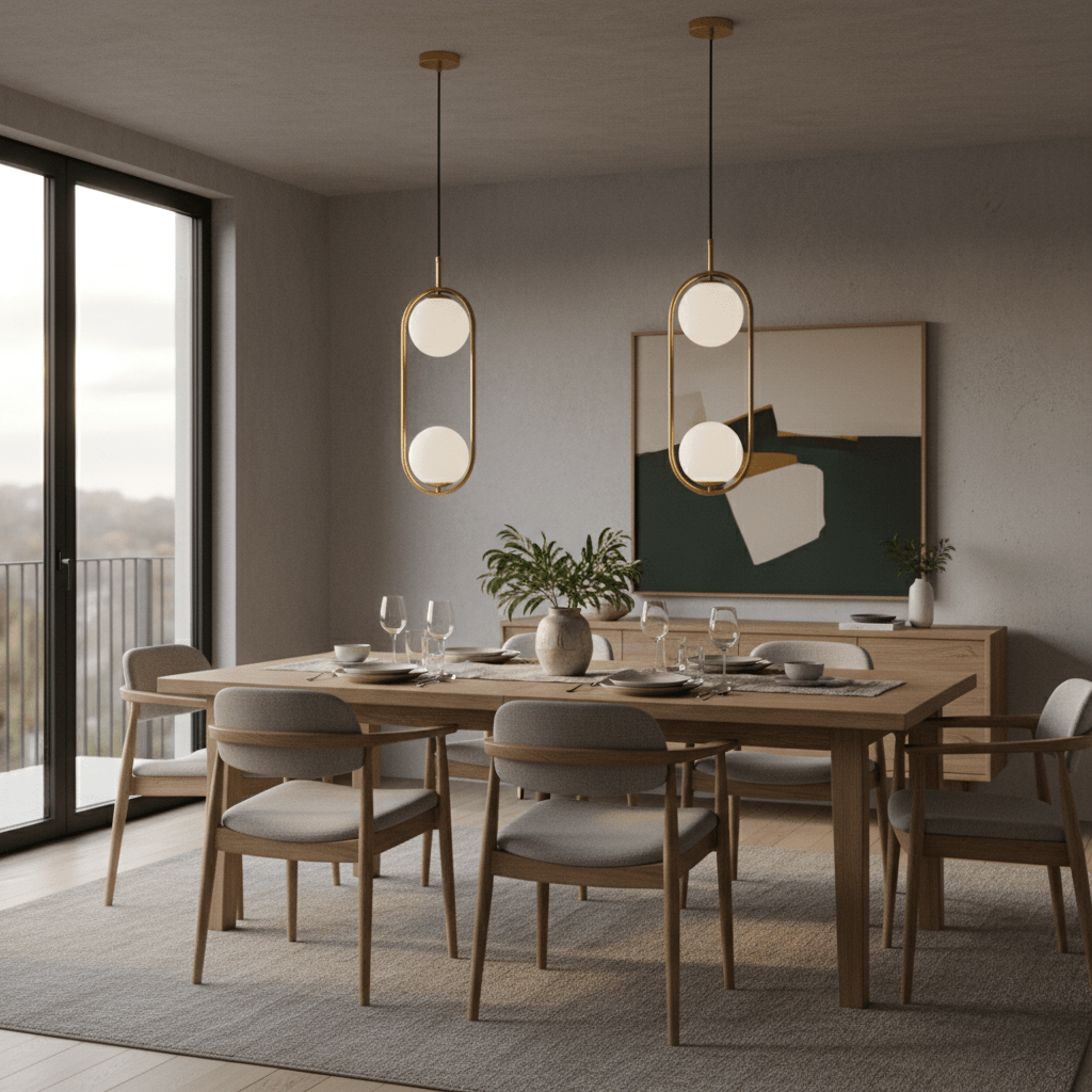 Luna Double G9 Pendant Light in gold above a modern dining table set for dinner.