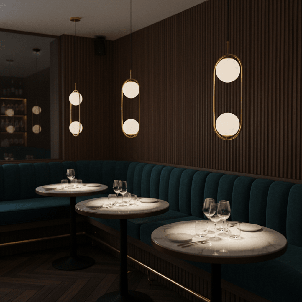 Luna Double G9 Pendant Light in a stylish restaurant setting, illuminating marble tables with a warm glow.